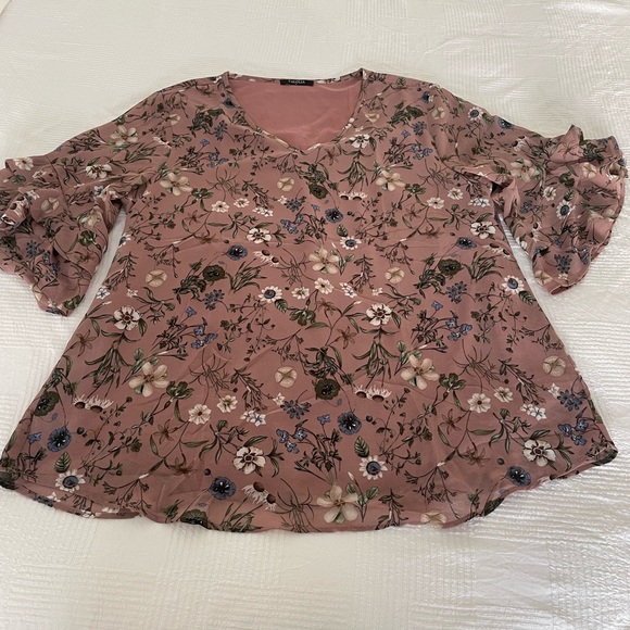 Valolia V-Neck Floral Pink Ruffle Sleeve Top with Sheer‎ Sleeves, Size Large - Picture 5 of 14